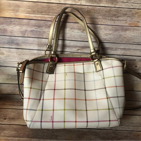 Coach Peyton Tattersall Tote Purse Handbag Ivory Plaid - Picture 2 of 15